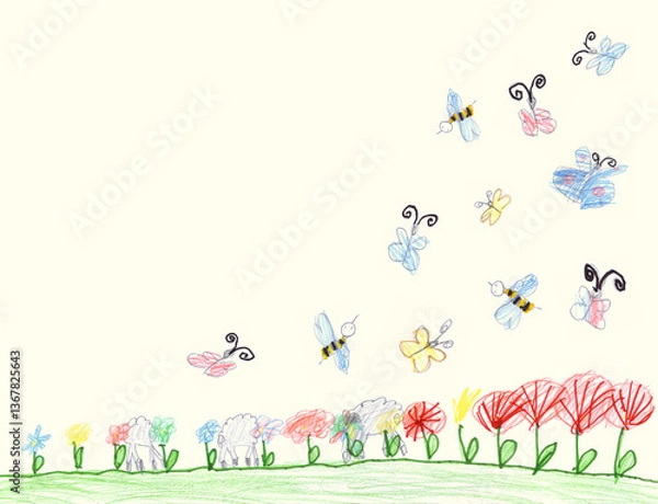 Obraz Cheerful children's background. Sheep graze on a flowering meadow