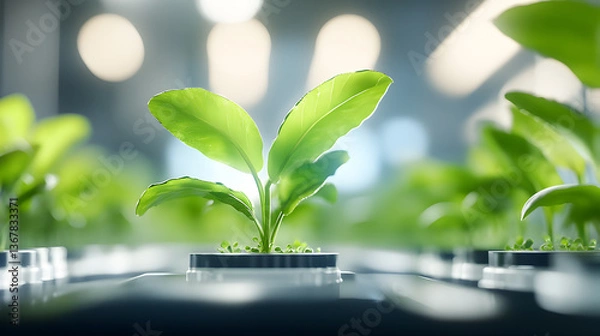 Obraz Bright green seedling growing in hydroponic system symbolizes innovation in indoor agriculture. Selective focus. Perfect for smart farming platforms or sustainable tech visuals