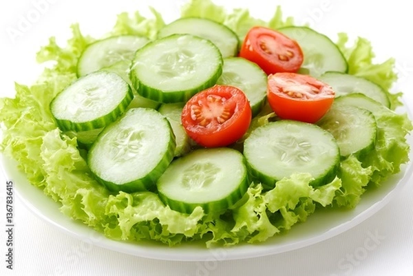 Fototapeta Fresh healthy salad with cucumbers tomatoes and lettuce on a plate