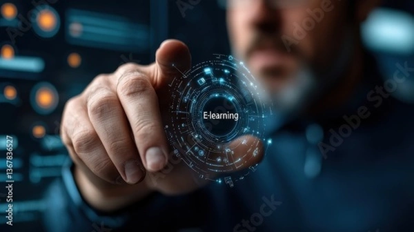 Fototapeta Futuristic digital interface with a holographic sphere displaying advanced analytics cloud computing technology and interactive touch controls