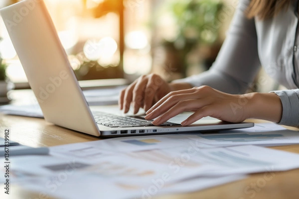 Fototapeta Close-up of Businessperson Working on Laptop with Financial Documents