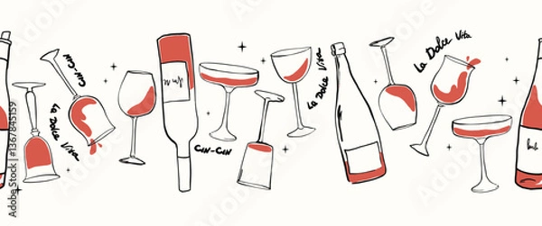 Obraz Naive drawing horizontal vector pattern with bottles in Dolce Vita aesthetic. Hand-drawn chalk wine illustrations. A collection of whimsical doodle line art. Vintage ink elements for menus and posters