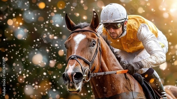 Fototapeta Skilled and determined equestrian rider competing on a powerful and majestic racehorse during a thrilling winter sports event with snow and cold weather conditions