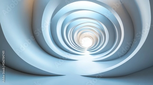 Fototapeta Spiraling tunnel, light at end, abstract architecture, futuristic design, website background