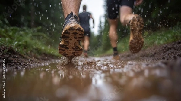Fototapeta During a rainy day, runners navigate a muddy trail, splashing through puddles while droplets fall around them, showcasing their determination and athleticism