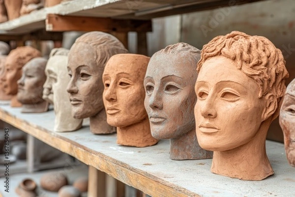 Fototapeta Raw clay sculptures drying on a shelf in the pottery studio Generative AI