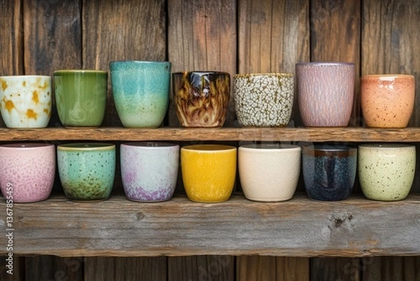 Fototapeta Colorful ceramic cups arranged on a wooden shelf for display Generative AI