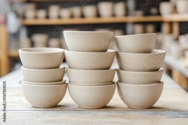 Fototapeta Unglazed ceramic bowls stacked in a handcrafted pottery studio Generative AI