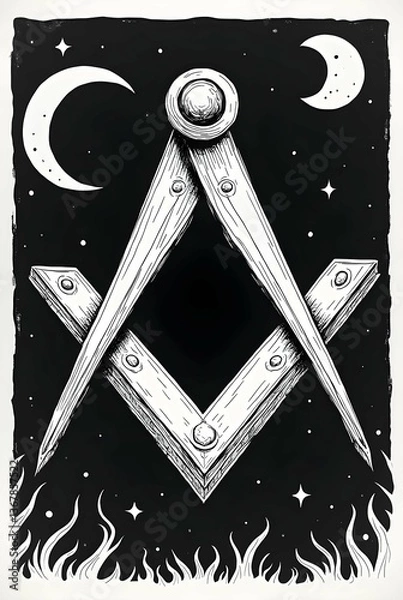 Fototapeta Freemason Square and Compasses symbol with moon phases, stars, and flames