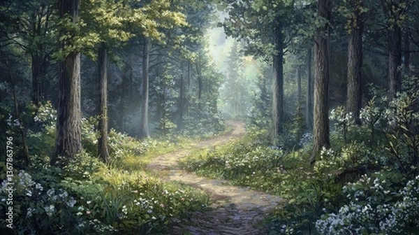 Fototapeta A serene forest scene displaying a winding path among trees
