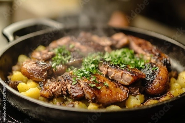 Fototapeta A sizzling skillet of bubble and squeak with roast duck