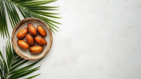 Obraz Fresh Dates with Tropical Vibes Dates in a Bowl with Palm Leaves A Natural and Tropical Presentation on white background