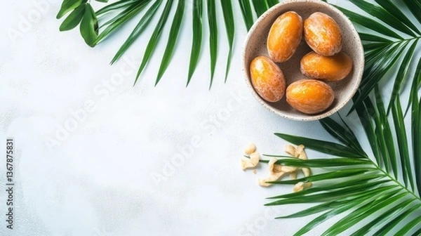 Obraz Fresh Dates with Tropical Vibes Dates in a Bowl with Palm Leaves A Natural and Tropical Presentation on white background