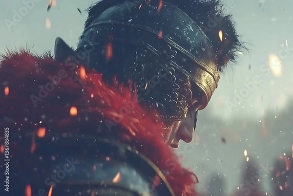 Fototapeta An ancient warrior wearing helmet amidst fiery sparks in battle