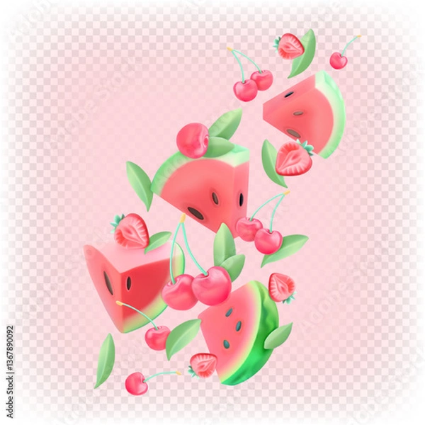 Obraz Berry smoothie, juice, dessert, yogurt, salad. Vector 3d composition of watermelon, strawberry, cherry and mint.