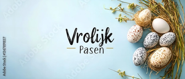 Obraz vrolijk pasen! dutch greetings design with calligraphy and easter eggs; top view; blue sky color background in easter holiday spirit