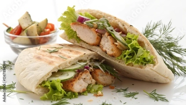 Fototapeta Grilled Chicken Pita Wrap with Lettuce and Sauce