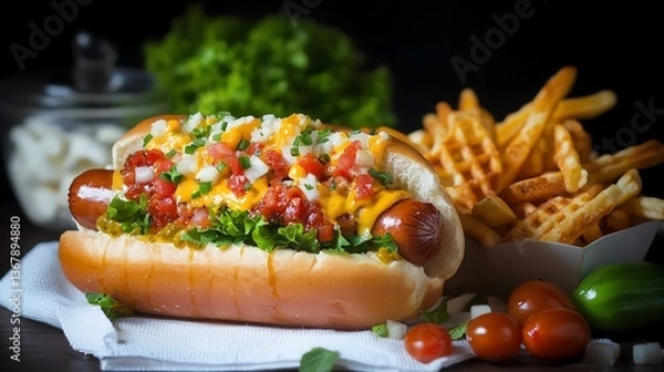 Fototapeta cheese-stuffed hotdog with crispy waffle fries, realistic oil on canvas effect, set on white fabric napkin, juicy and tempting mood