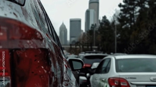 Fototapeta A visual representation of a traffic jam, featuring a red vehicle covered in what appears to be blood. Skyscrapers loom in the background, adding an urban feel to the scene.