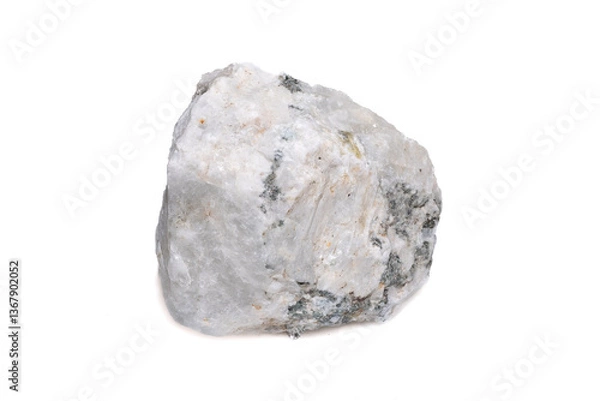 Fototapeta Natural Moonstone Mineral Specimen with White Crystal and Black Inclusions on White Background