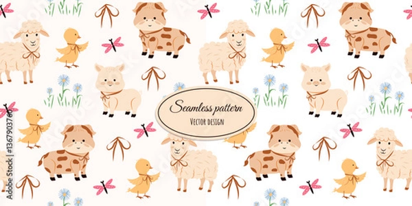 Fototapeta Delicate seamless pattern with cute pets. Ram, pig, cow, duck and flowers, hand-drawn in a modern style. Vector flat illustration in vintage style.