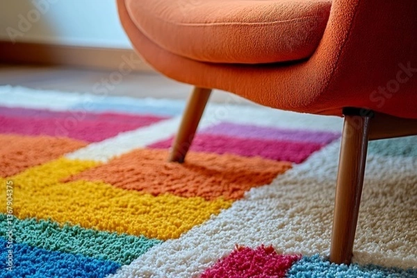 Obraz Modern Orange Chair Leg on Colorful Rug - Home Decor Detail. A close-up shot showcasing the leg of an orange armchair resting on a vibrant, multicolored rug.
