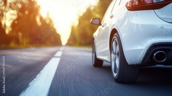 Fototapeta Modern car cruising on an open road, embodying sleek design and freedom in motion.