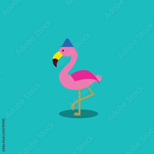 Fototapeta A minimalist and modern flat design illustration of a pink flamingo standing on one leg, wearing a blue hat. perfect for children's designs, posters, stickers, and digital assets