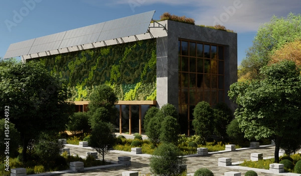 Fototapeta Modern Sustainable Building with Vertical Garden and Solar Panels - 3D Illustration