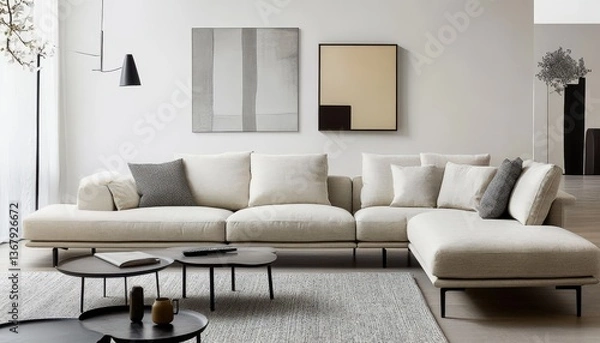 Fototapeta Modern Sectional Sofa in a Light Beige Fabric Stylish Living Room Interior Design with Abstract Art