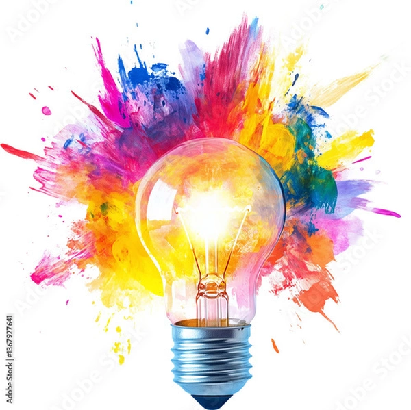 Fototapeta Concept of innovation or idea, colorful paint explosion from a lit light bulb, isolated PNG on transparent background