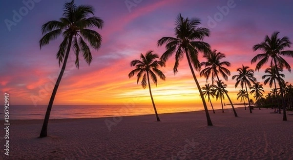 Fototapeta 夕焼け染まる南国ビーチ 椰子の木シルエット 美しい構図