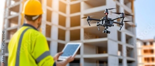 Fototapeta Civil engineers surveying and inspecting a major road expansion project using advanced technologies like automated drones interactive holographic blueprints