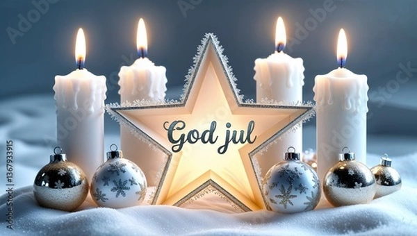 Fototapeta Illuminated star with god jul text surrounded by candles and christmas ornaments on snow surface