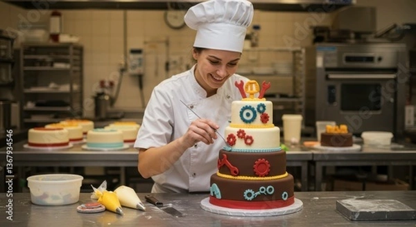Fototapeta Female Pastry Chef Decorating a Multi-Layered Cake with Mechanical Theme