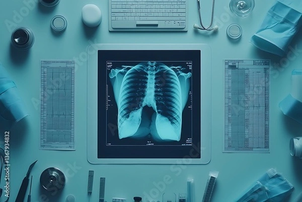 Fototapeta Chest X-Ray on Digital Display with Medical Equipment and Charts. A high-angle, flat lay composition illustrating the tools and technology used in modern medical diagnosis.