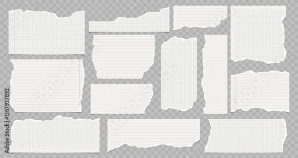 Fototapeta Collection of torn lined and squared paper strips. Ripped paper scraps with rough edges. Vector illustration of sticky notes and notebook pages for banners, posters.