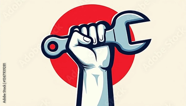 Fototapeta Symbolic illustration of a raised fist holding a wrench against a red circle background