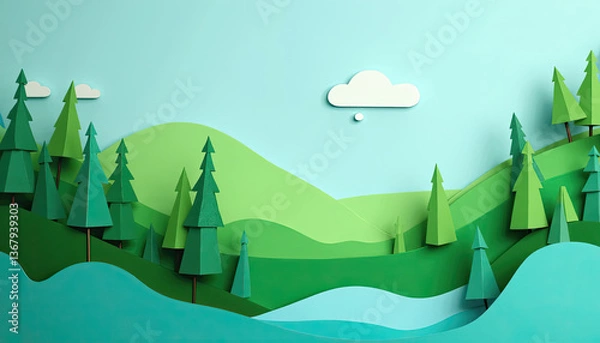 Fototapeta Colorful paper cut landscape with trees, hills, and clouds on a blue background
