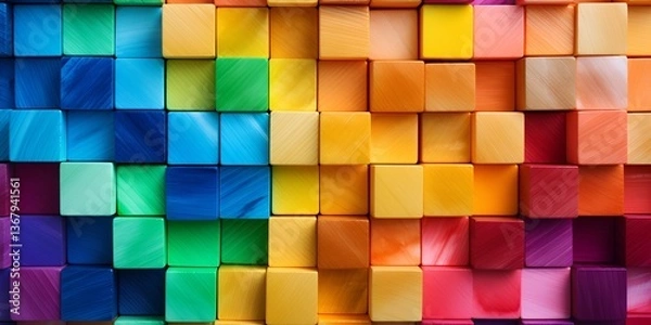 Fototapeta Colorful background with cubes in rainbow colors. Background of wooden blocks in various sizes and shapes. Wall design, interior decoration, banner. High-resolution photography. bokeh background