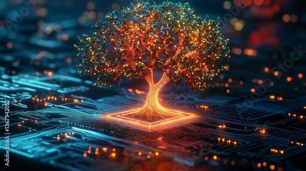 Fototapeta Glowing tree on a circuit board, symbolizing technological growth and nature's connection to technology.