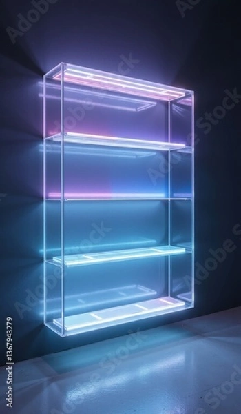 Fototapeta "Futuristic Floating Acrylic Shelf with Holographic Effects Under Vibrant Studio Lighting for Placement Product"