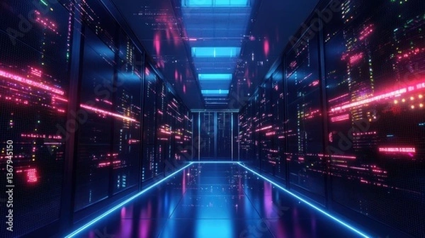 Fototapeta Quantum Computing Server Room with Glowing Data Strejpeg