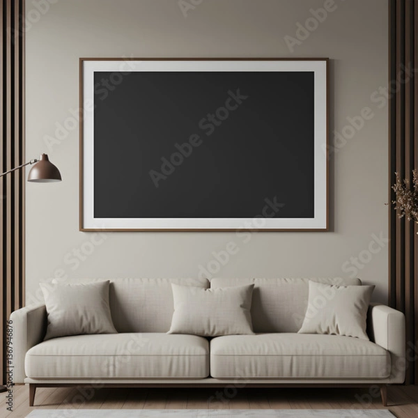 Fototapeta Minimalist interior mockup with blank frame. Empty frame wall poster mockup. Interior mockup with modern design. Contemporary interior scene