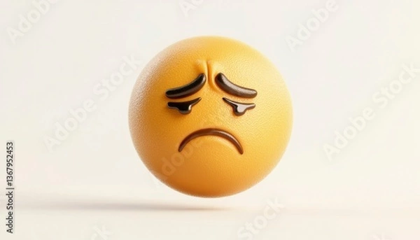 Fototapeta 3D render of an orange emoji with a sad face and tears on a cream colored surface