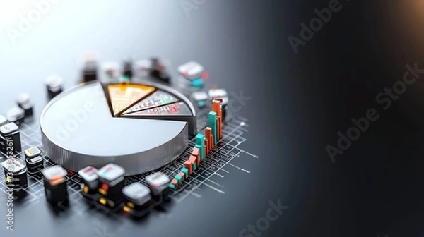 Fototapeta pie chart with sector breakdown showing stock ticker board, set in cyber grid platform, minimal tech infographic