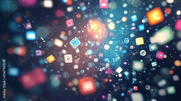 Fototapeta A vibrant explosion of colorful app icons swirling in a digital cosmos with a blurred, dark background.