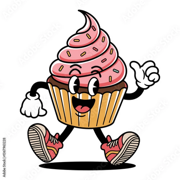 Fototapeta Retro cartoon vector cupcake character happily walking with cheerful expression and sprinkles on top