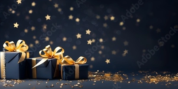 Fototapeta Credible blue background with star-shaped gift boxes and golden ribbons, suitable for Christmas or other special events. The background i