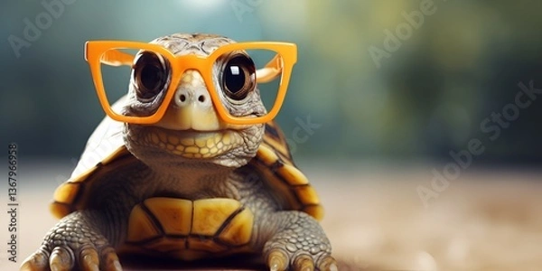 Fototapeta Cute little turtle wearing glasses, simple background, high-definition photography, high resolution. bokeh background
